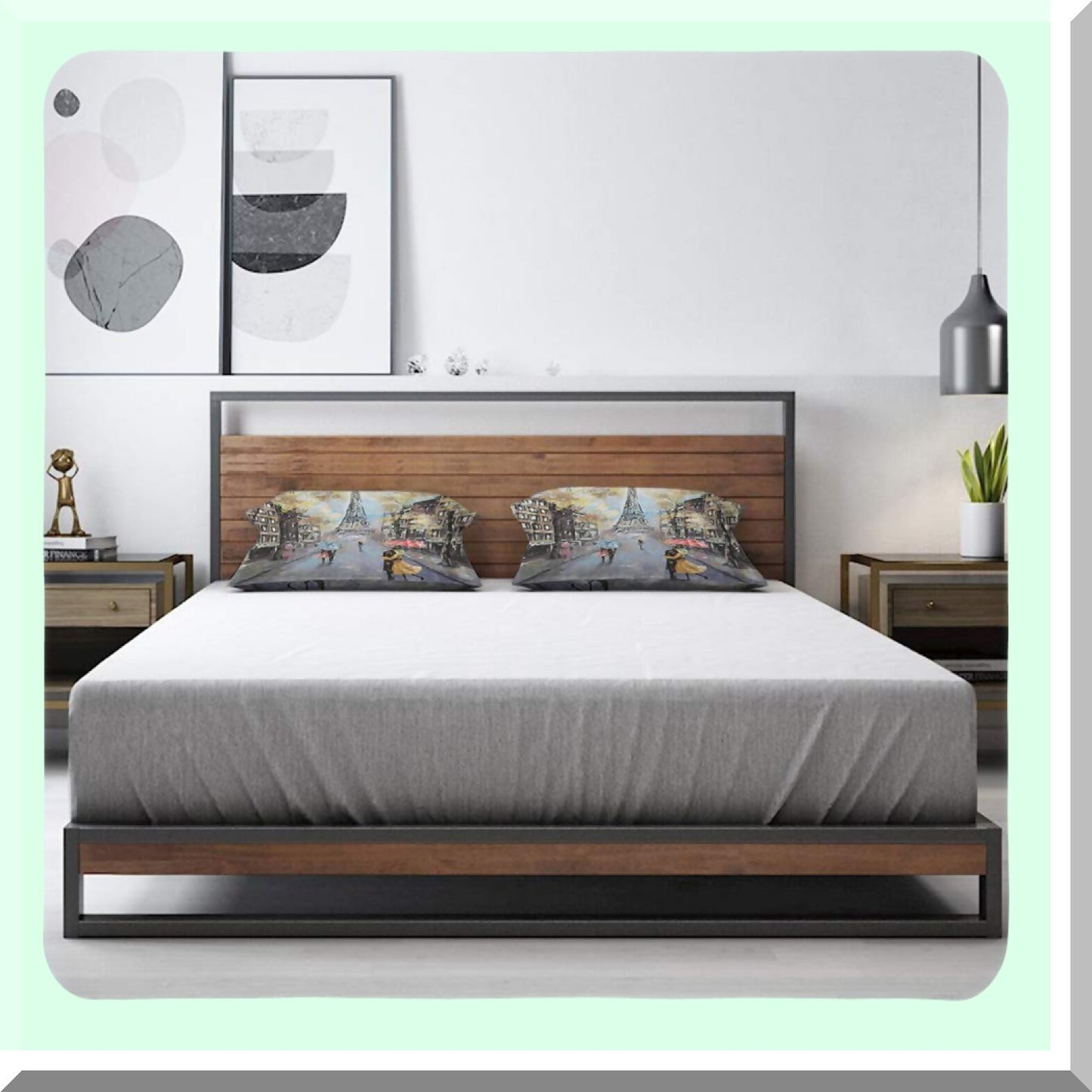 Autumn Lovers Kiss Eiffel Tower Pillow Cover - Paris Street Painting Decorative Cushion Case for Bed Sofa - 12x20 Inch Cotton Linen Throw Pillow Cover