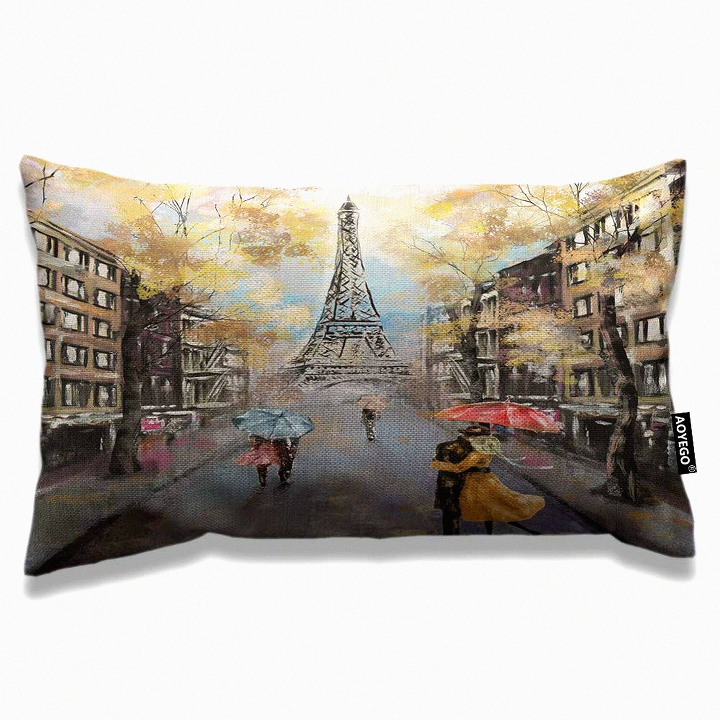 Autumn Lovers Kiss Eiffel Tower Pillow Cover - Paris Street Painting Decorative Cushion Case for Bed Sofa - 12x20 Inch Cotton Linen Throw Pillow Cover