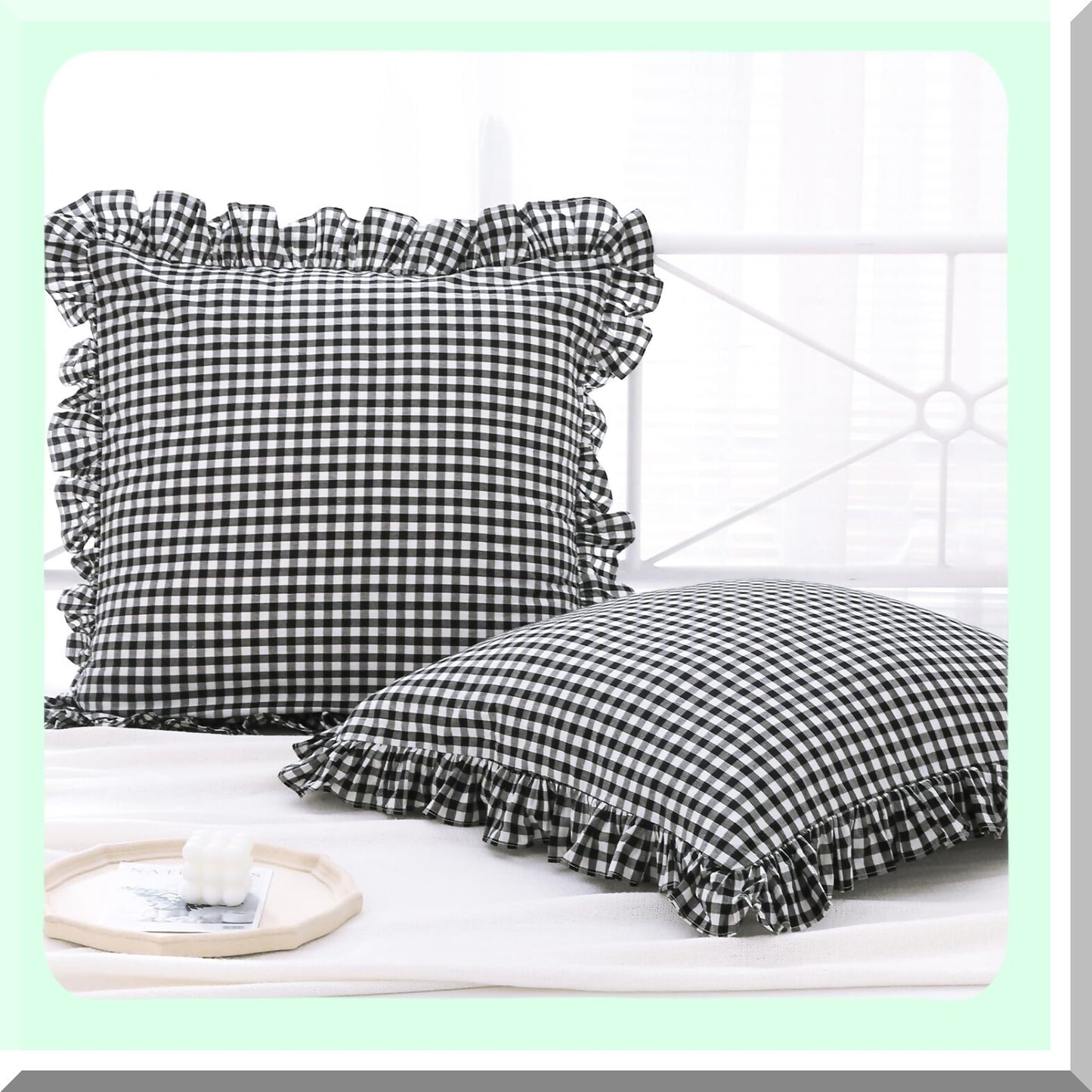 Ruffle Gingham Euro Shams - Set of 2 Black/White Plaid Pillow Covers - 26x26 Inches Washed Cotton Decorative Pillowcases for Bed/Sofa - Farmhouse Style