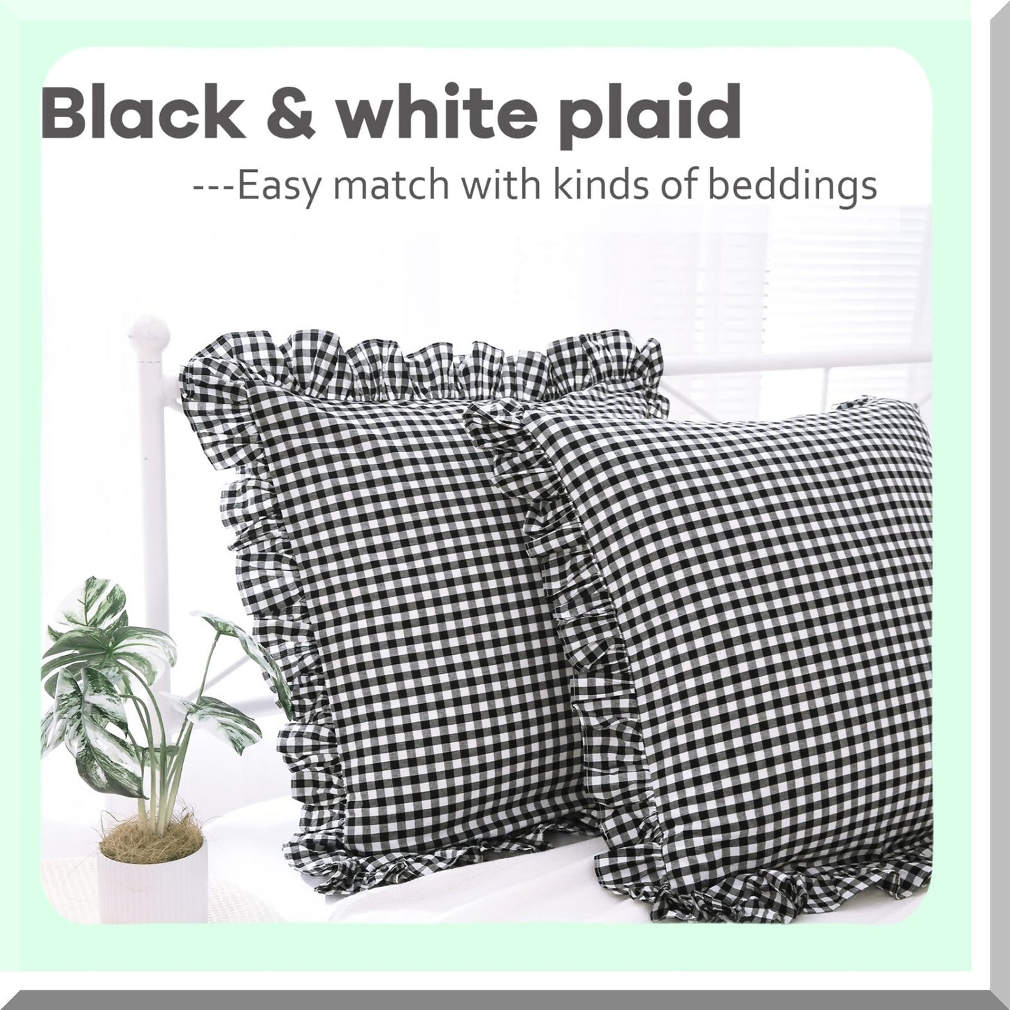 Ruffle Gingham Euro Shams - Set of 2 Black/White Plaid Pillow Covers - 26x26 Inches Washed Cotton Decorative Pillowcases for Bed/Sofa - Farmhouse Style