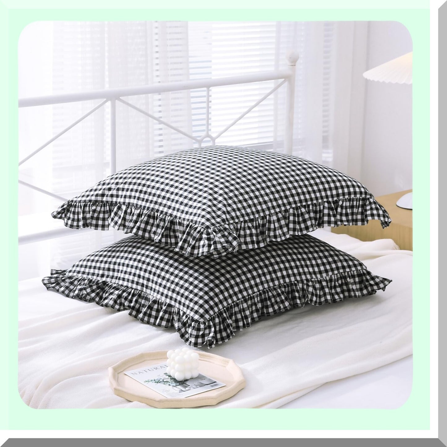 Ruffle Gingham Euro Shams - Set of 2 Black/White Plaid Pillow Covers - 26x26 Inches Washed Cotton Decorative Pillowcases for Bed/Sofa - Farmhouse Style