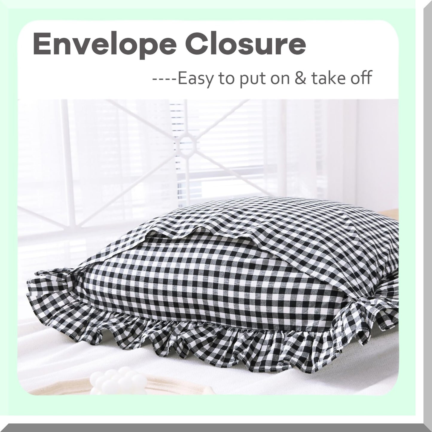 Ruffle Gingham Euro Shams - Set of 2 Black/White Plaid Pillow Covers - 26x26 Inches Washed Cotton Decorative Pillowcases for Bed/Sofa - Farmhouse Style