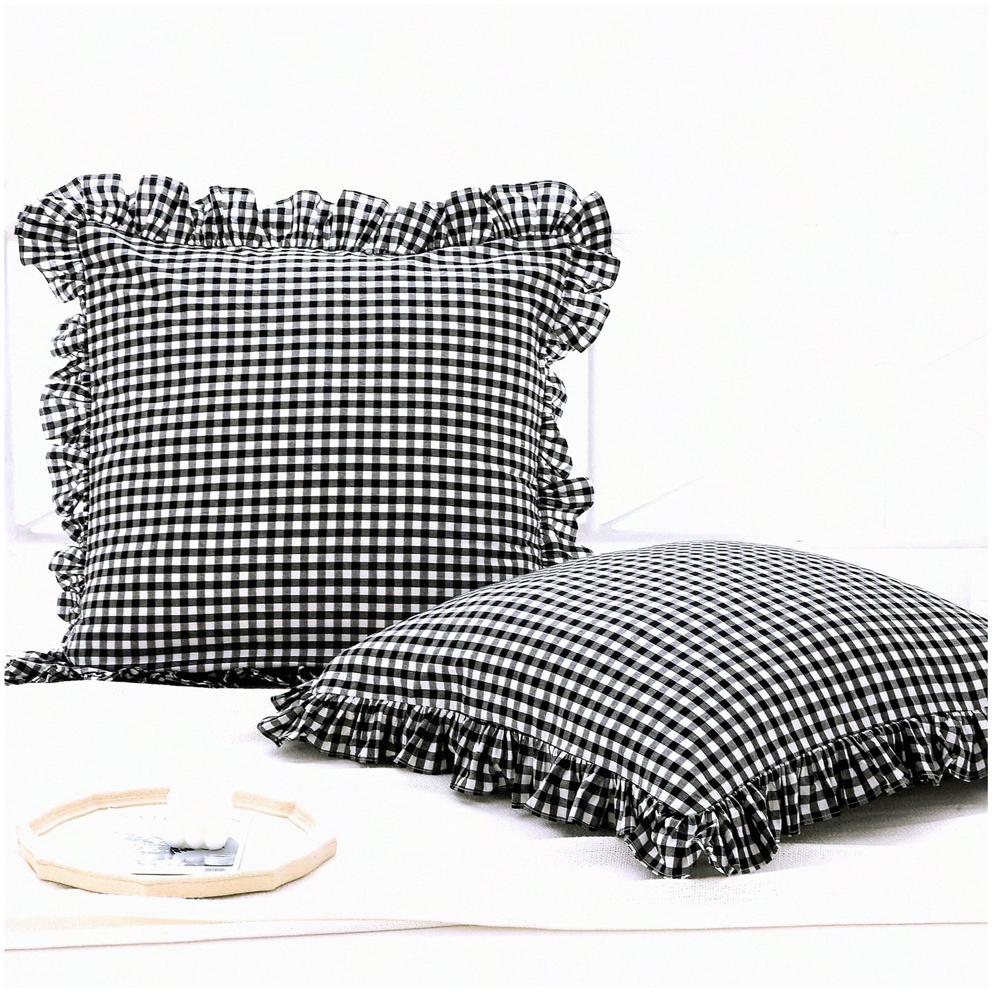 Ruffle Gingham Euro Shams - Set of 2 Black/White Plaid Pillow Covers - 26x26 Inches Washed Cotton Decorative Pillowcases for Bed/Sofa - Farmhouse Style