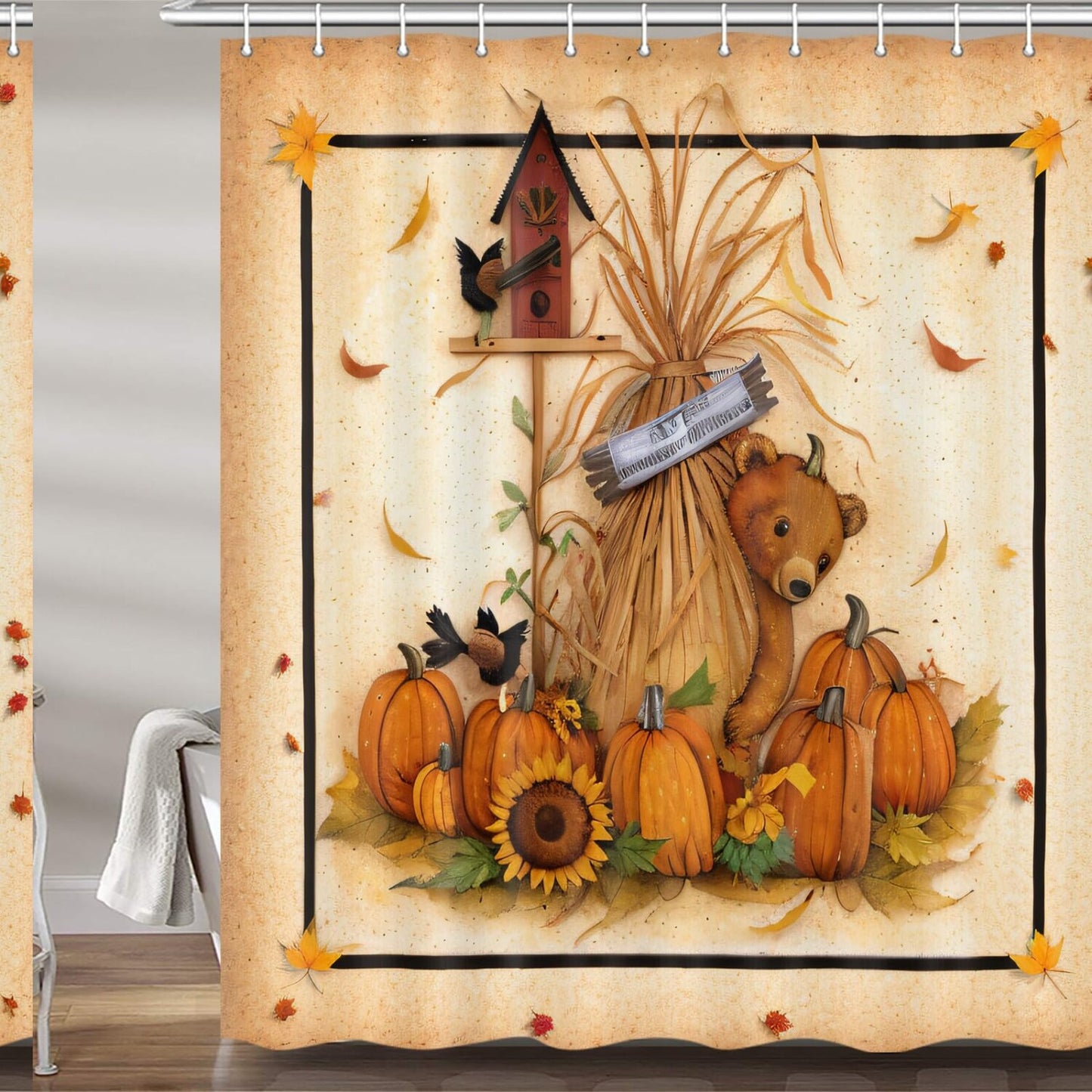 Fall Thanksgiving Pumpkin Sunflower Bear Shower Curtain Set