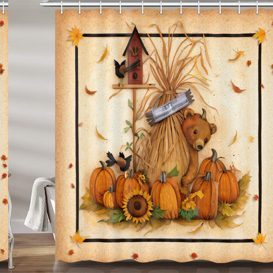 Fall Thanksgiving Pumpkin Sunflower Bear Shower Curtain Set