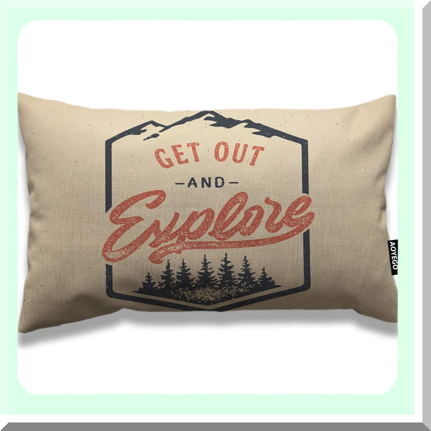 Adventure Explorer Tree Pillow Cover - Vintage Camping Decorative Cushion Case 12x20 Inch Red Brown - Home Sofa Bed Rectangle Linen Cotton