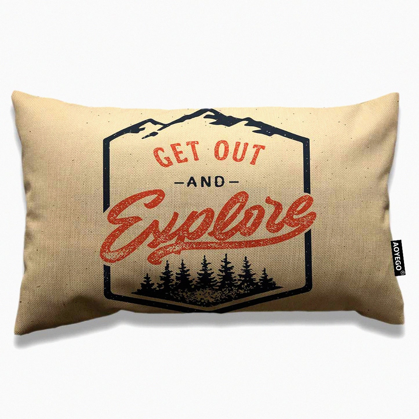 Adventure Explorer Tree Pillow Cover - Vintage Camping Decorative Cushion Case 12x20 Inch Red Brown - Home Sofa Bed Rectangle Linen Cotton