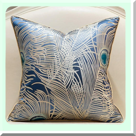 Luxury Peacock Feather Cushion Covers - Light Blue Silver Throw Pillow Cases for Home Decor - 20x20 Inches - Couch Sofa Living Room Bedroom Cars