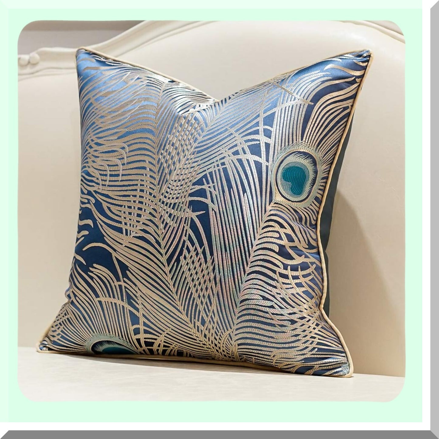 Luxury Peacock Feather Cushion Covers - Light Blue Silver Throw Pillow Cases for Home Decor - 20x20 Inches - Couch Sofa Living Room Bedroom Cars