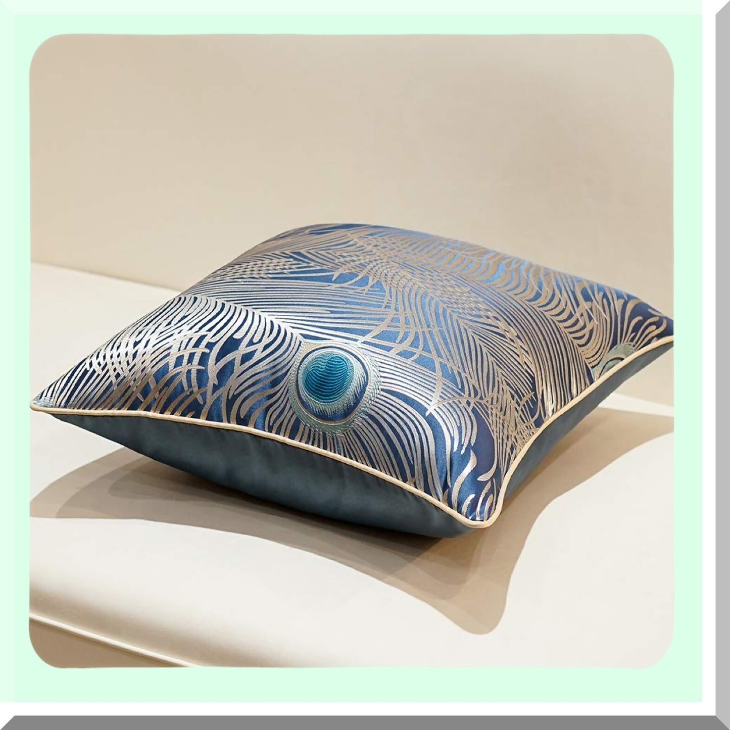 Luxury Peacock Feather Cushion Covers - Light Blue Silver Throw Pillow Cases for Home Decor - 20x20 Inches - Couch Sofa Living Room Bedroom Cars