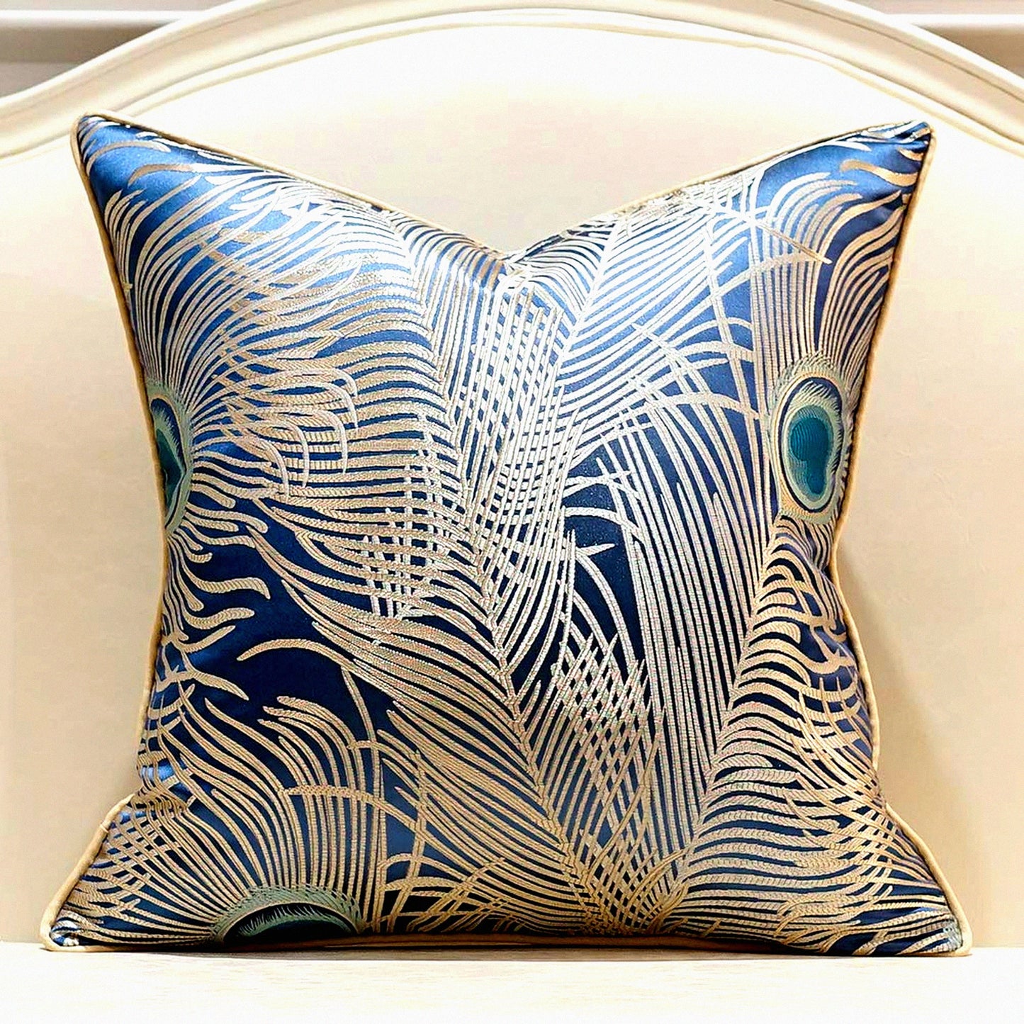 Luxury Peacock Feather Cushion Covers - Light Blue Silver Throw Pillow Cases for Home Decor - 20x20 Inches - Couch Sofa Living Room Bedroom Cars
