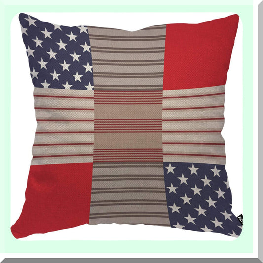 Patriotic Patchwork Stars & Stripes Pillow Cover - 18x18 Inch Decorative Cushion Case for Home Couch Bed - Men Women Boy Girl Room Decor