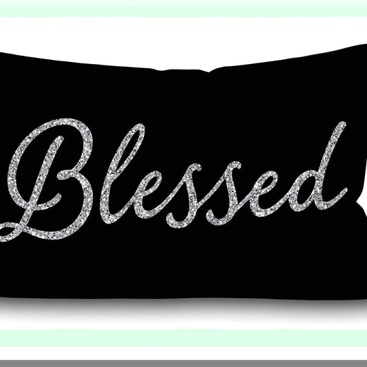 Blessed Words Inspirational Lumbar Pillow Cover - Black Cotton Linen Throw Cushion for Sofa Home Decor - 12"x20" Oblong Case