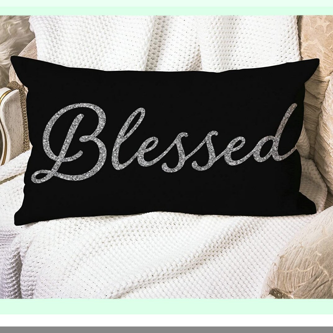 Blessed Words Inspirational Lumbar Pillow Cover - Black Cotton Linen Throw Cushion for Sofa Home Decor - 12"x20" Oblong Case