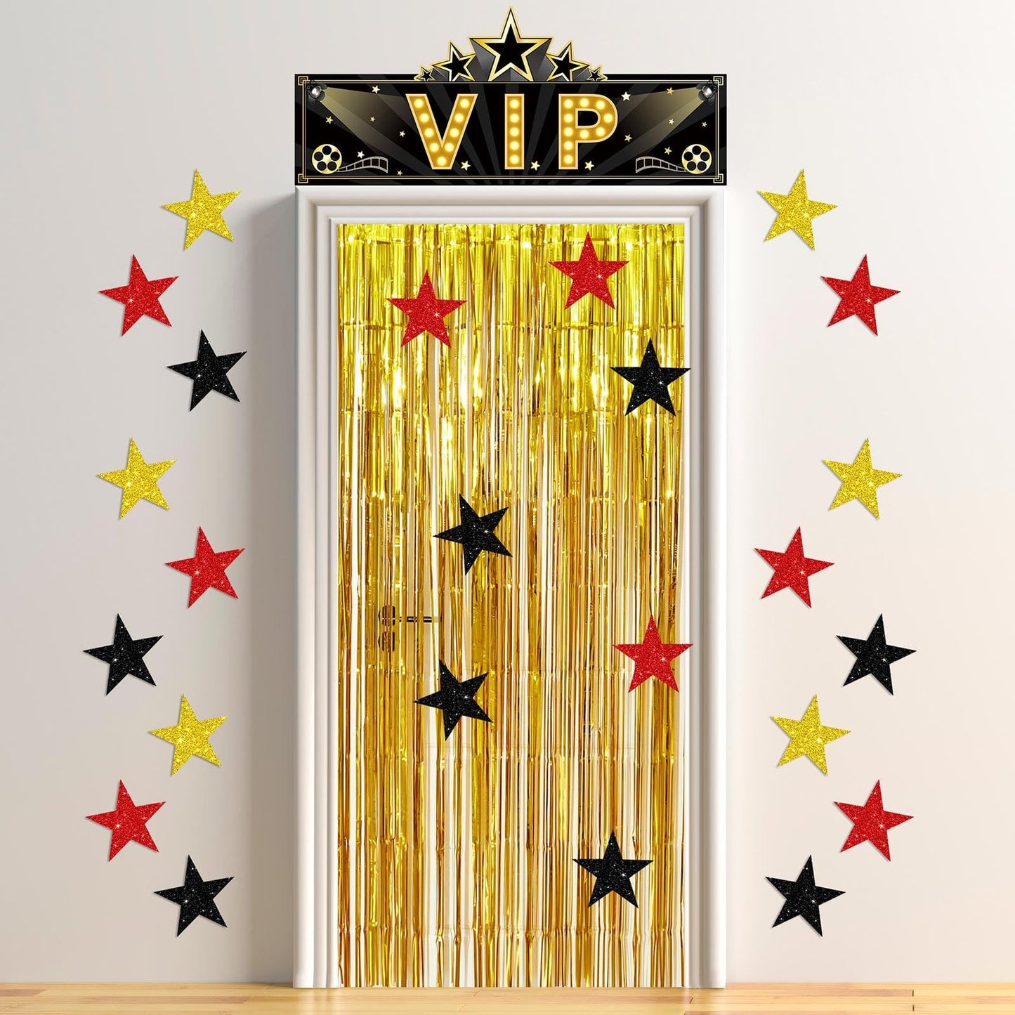 Starlight VIP Entrance Decor Set - 32 Pcs Movie Night & Music Award Party Decorations. Includes Star Door Curtain, Glitter Entrance Sign & More!