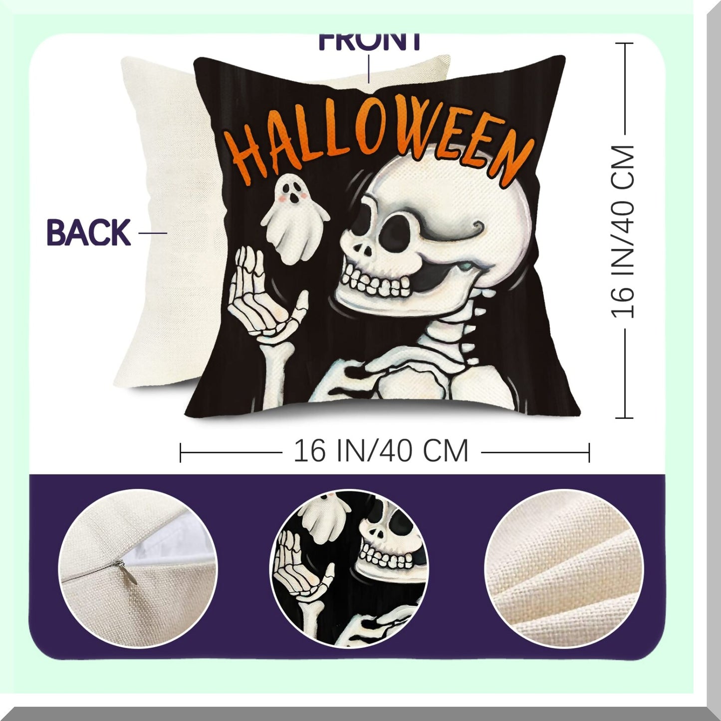 Spooky Skull Halloween Pillow Covers Set - Funny Trick or Treat Decorative Cushion Case for Fall Porch Outdoor Home Decor - Boo Ghost Skeleton Throw Pillow 16x16, Autumn Holiday Black Couch