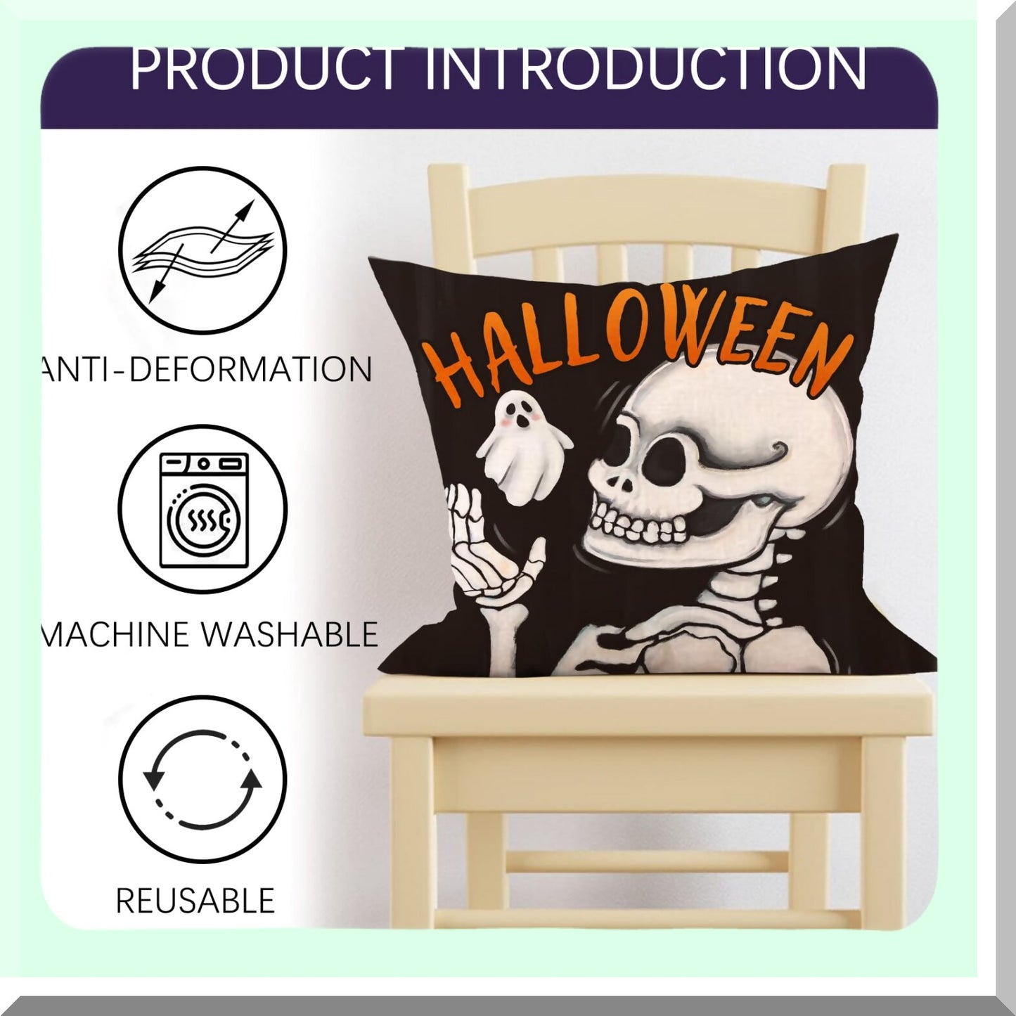 Spooky Skull Halloween Pillow Covers Set - Funny Trick or Treat Decorative Cushion Case for Fall Porch Outdoor Home Decor - Boo Ghost Skeleton Throw Pillow 16x16, Autumn Holiday Black Couch