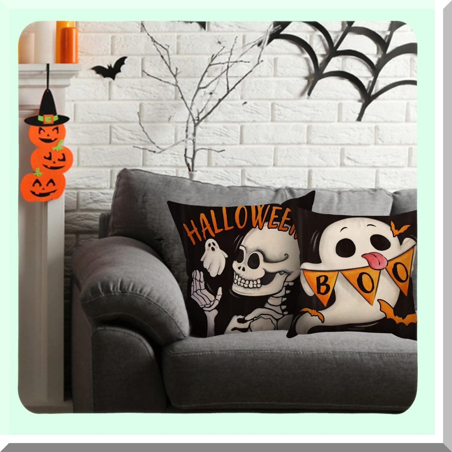 Spooky Skull Halloween Pillow Covers Set - Funny Trick or Treat Decorative Cushion Case for Fall Porch Outdoor Home Decor - Boo Ghost Skeleton Throw Pillow 16x16, Autumn Holiday Black Couch