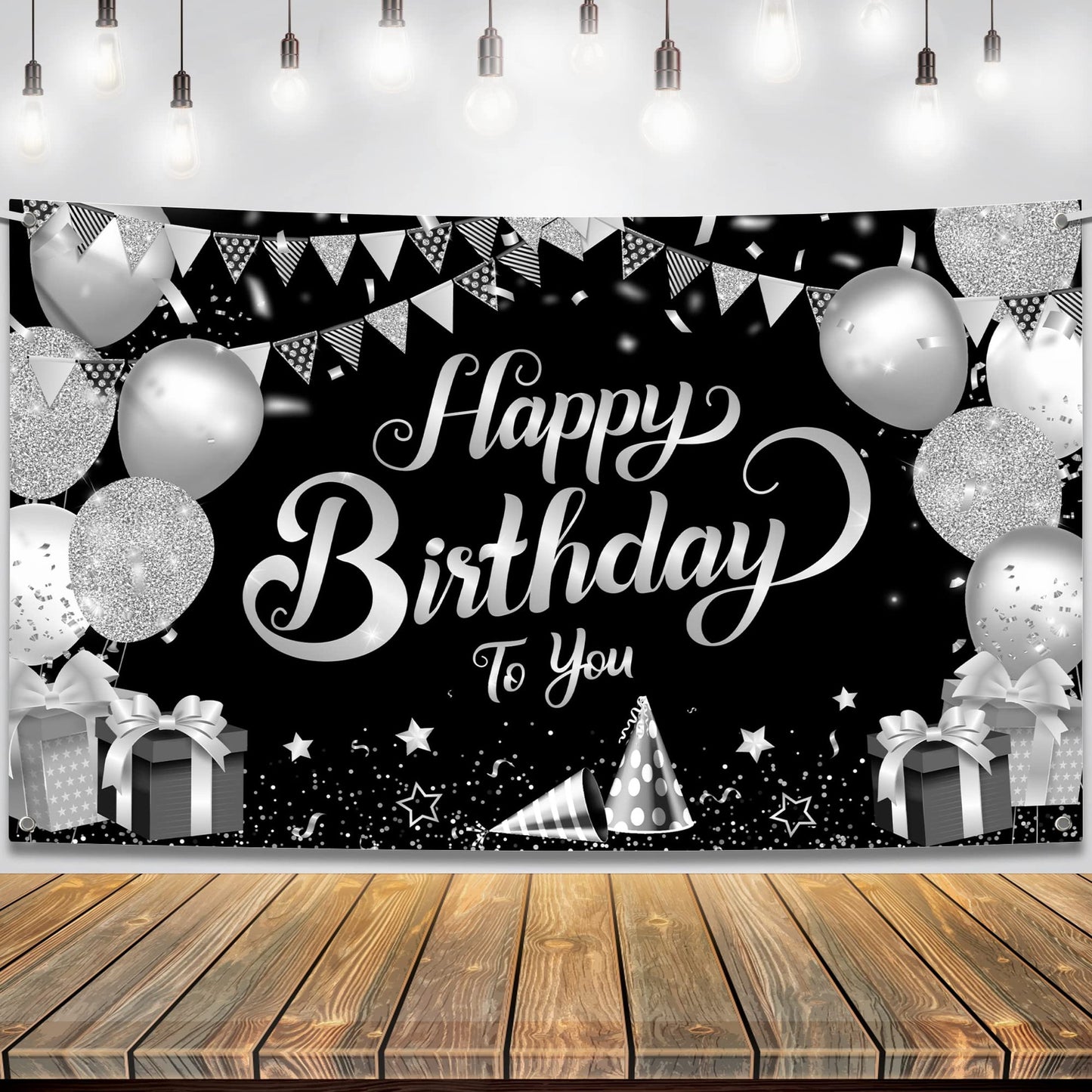 Black Silver Birthday Banner - XL 72x44 Inch - Men Women Party Decor - Happy Birthday Decorations - Black White Silver Party Supplies - Large Banner