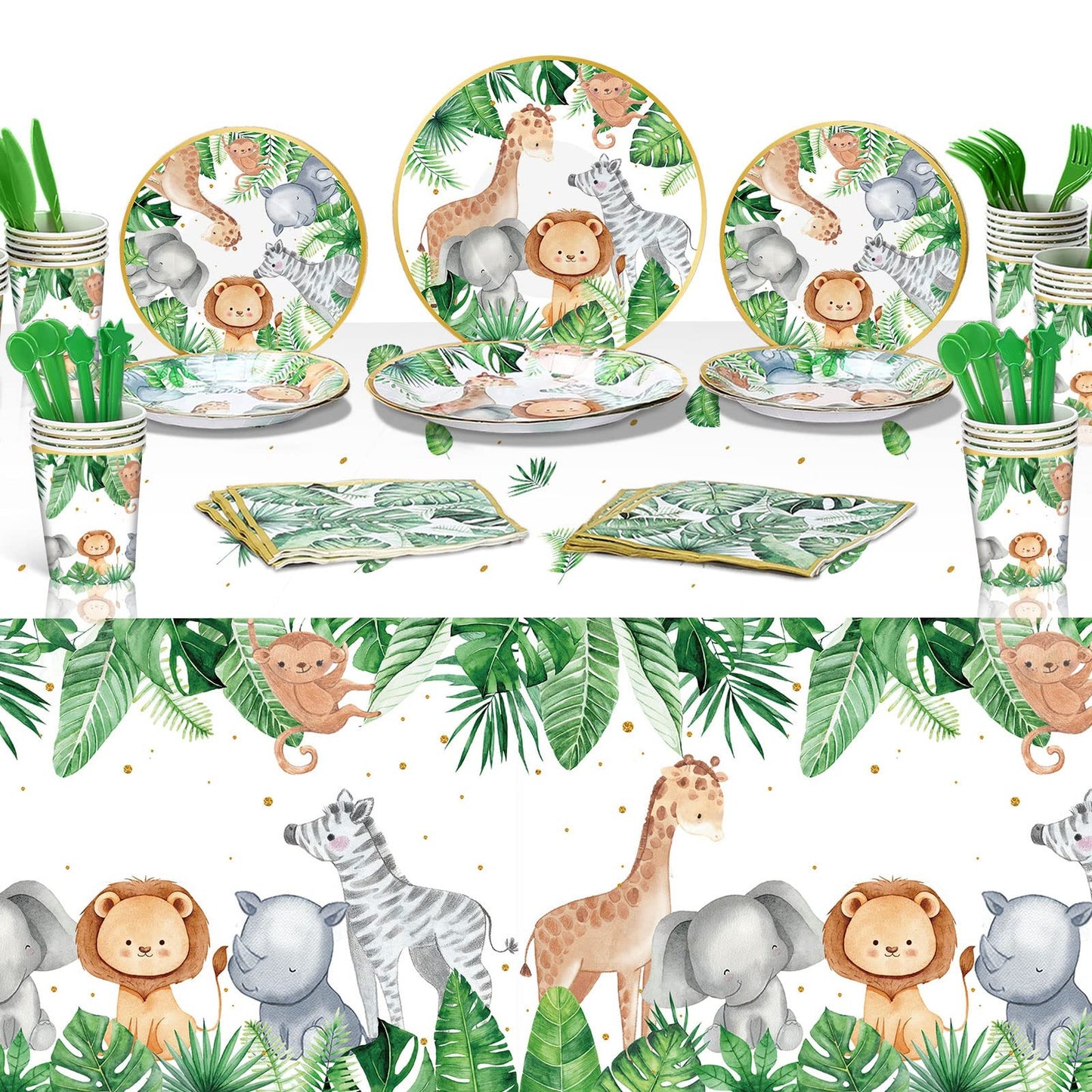 Jungle Safari Party Pack - 170 Pcs Jungle Baby Shower Decorations, Plates, Cups, Napkins, Tablecloth Set for Birthday Party, Serve 24 - Safari Theme