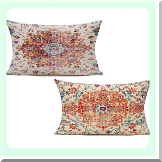 Rustic Spring Lumbar Pillow Covers - Set of 2 Boho Farmhouse Vintage Cushion Cover for Couch & Outdoor Decor, Orange Throw Pillow Case for Living Room