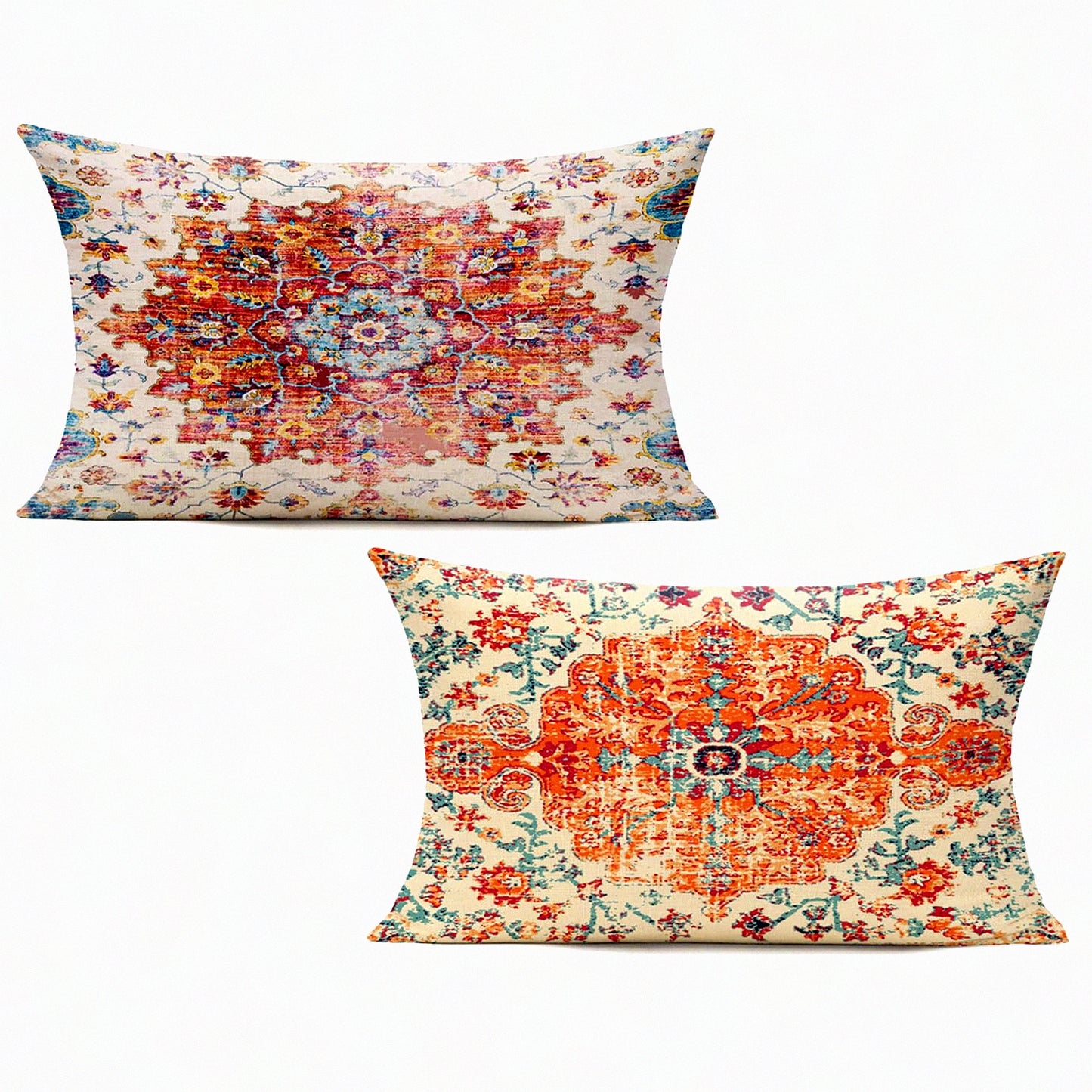Rustic Spring Lumbar Pillow Covers - Set of 2 Boho Farmhouse Vintage Cushion Cover for Couch & Outdoor Decor, Orange Throw Pillow Case for Living Room