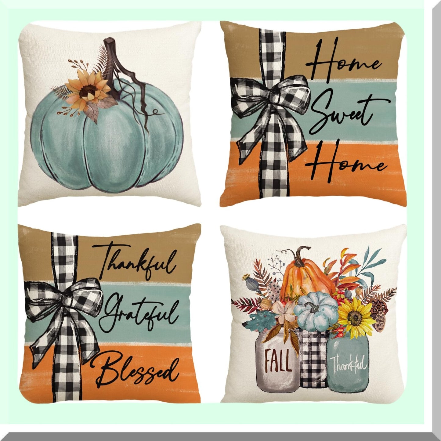 Autumn Harvest Blessings Decorative Pillow Covers - Set of 4, Fall Floral Sofa Couch Cushion Cases, 18 x 18 Inch Home Sweet Home Thankful Grateful