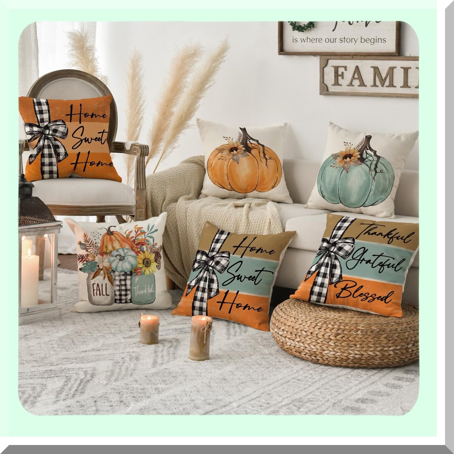 Autumn Harvest Blessings Decorative Pillow Covers - Set of 4, Fall Floral Sofa Couch Cushion Cases, 18 x 18 Inch Home Sweet Home Thankful Grateful