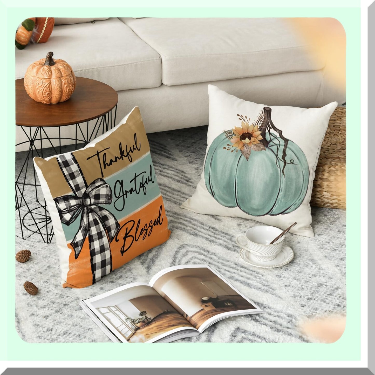 Autumn Harvest Blessings Decorative Pillow Covers - Set of 4, Fall Floral Sofa Couch Cushion Cases, 18 x 18 Inch Home Sweet Home Thankful Grateful