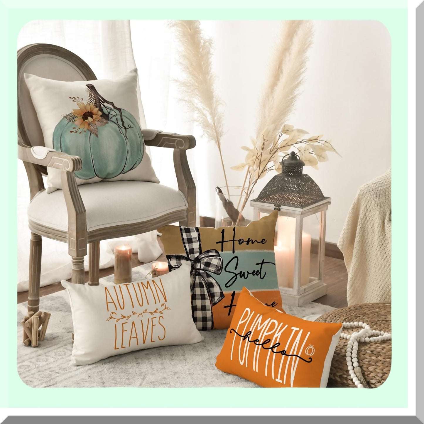 Autumn Harvest Blessings Decorative Pillow Covers - Set of 4, Fall Floral Sofa Couch Cushion Cases, 18 x 18 Inch Home Sweet Home Thankful Grateful