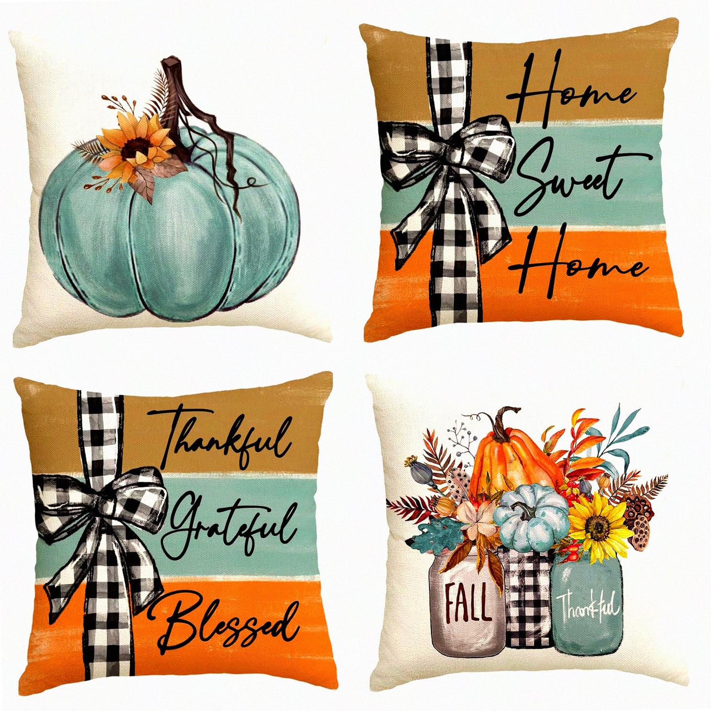 Autumn Harvest Blessings Decorative Pillow Covers - Set of 4, Fall Floral Sofa Couch Cushion Cases, 18 x 18 Inch Home Sweet Home Thankful Grateful