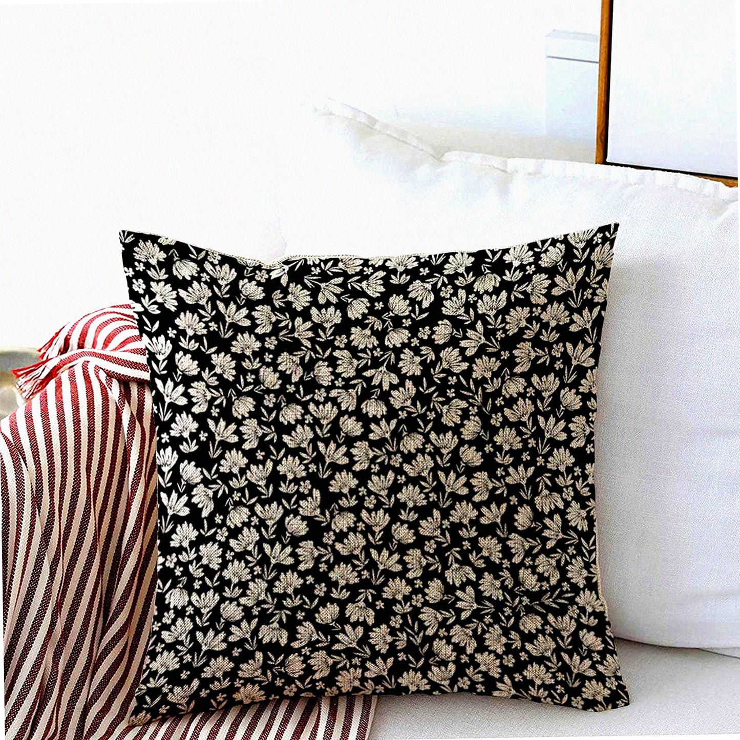 Vintage Floral Farmhouse Linen Cushion Cover - Beautiful Daisy Lilly Design - Square Throw Pillow Case for Sofa, Bedroom, Car - 18x18 Inch - Old White Contrast - Pretty Nature Graphic