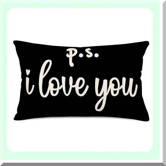 Sweet Love Words Decorative Pillow Cover - Black & White Cotton Linen Cushion Case for Sofa Couch - 12x20 Inches - Home Decor