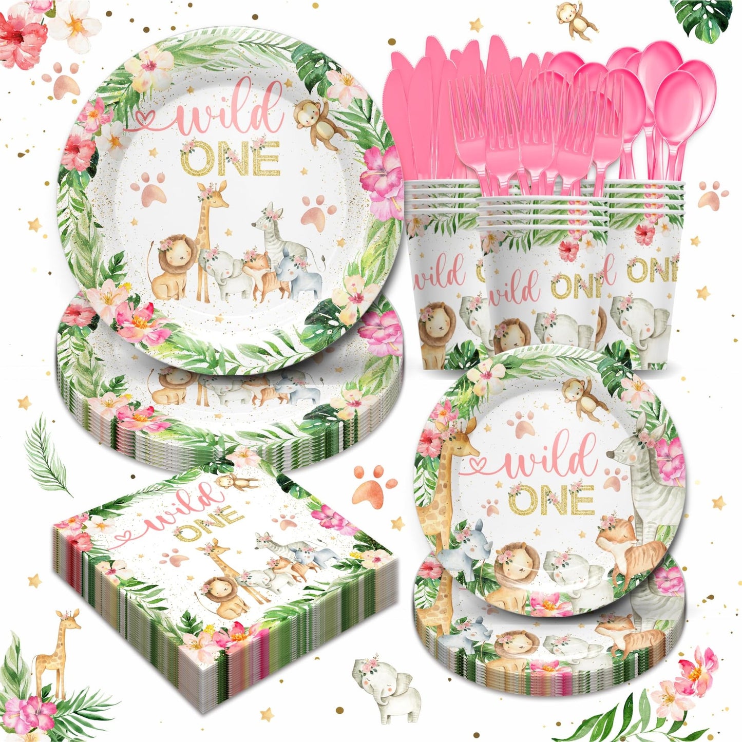 Safari Wild One Party Pack - Complete Tableware Set for Girls Birthday Decorations - Plates, Napkins, Cups, Cutlery - Jungle Theme Serves 24
