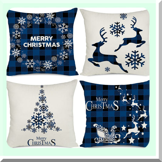 Buffalo Plaid Xmas Tree Pillow Covers - Set of 4 - Farmhouse Decorative Cushion Cases for Couch Sofa - Blue Outdoor Merry Theme - 16x16 Size
