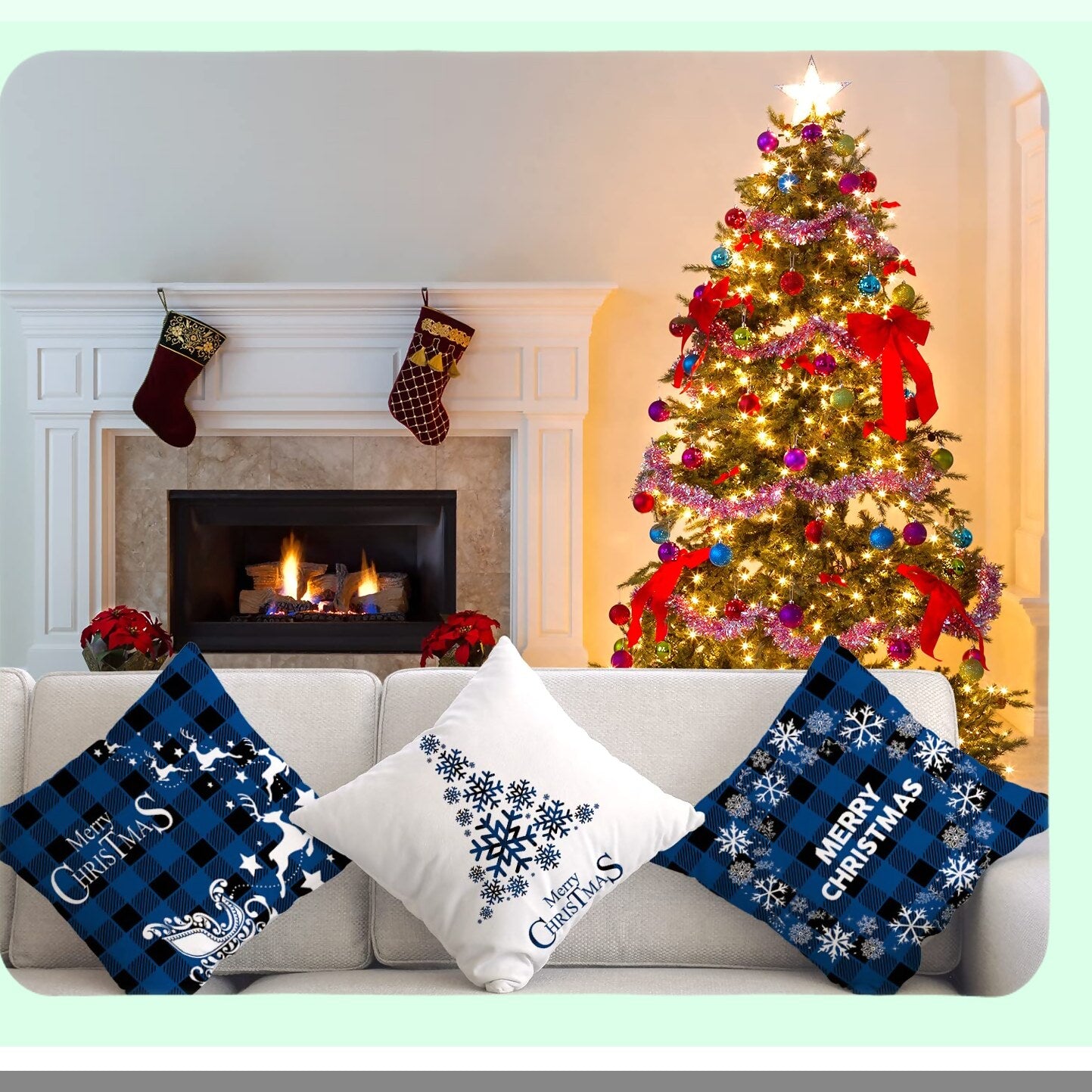 Buffalo Plaid Xmas Tree Pillow Covers - Set of 4 - Farmhouse Decorative Cushion Cases for Couch Sofa - Blue Outdoor Merry Theme - 16x16 Size