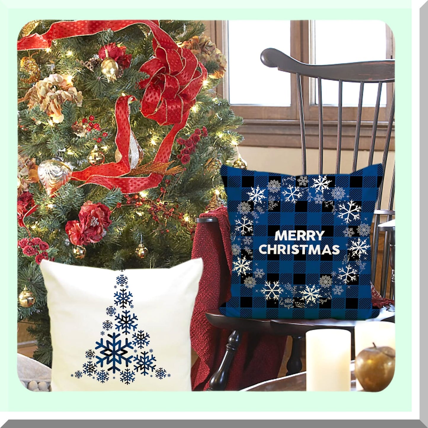 Buffalo Plaid Xmas Tree Pillow Covers - Set of 4 - Farmhouse Decorative Cushion Cases for Couch Sofa - Blue Outdoor Merry Theme - 16x16 Size
