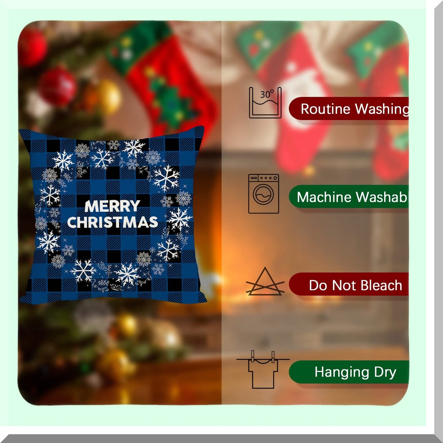 Buffalo Plaid Xmas Tree Pillow Covers - Set of 4 - Farmhouse Decorative Cushion Cases for Couch Sofa - Blue Outdoor Merry Theme - 16x16 Size