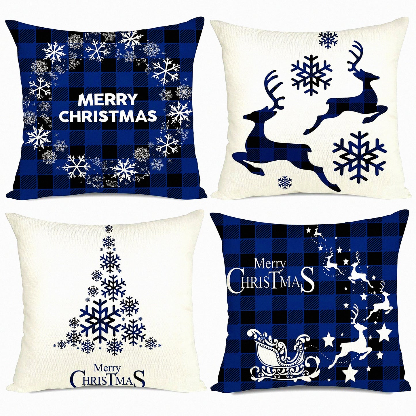 Buffalo Plaid Xmas Tree Pillow Covers - Set of 4 - Farmhouse Decorative Cushion Cases for Couch Sofa - Blue Outdoor Merry Theme - 16x16 Size