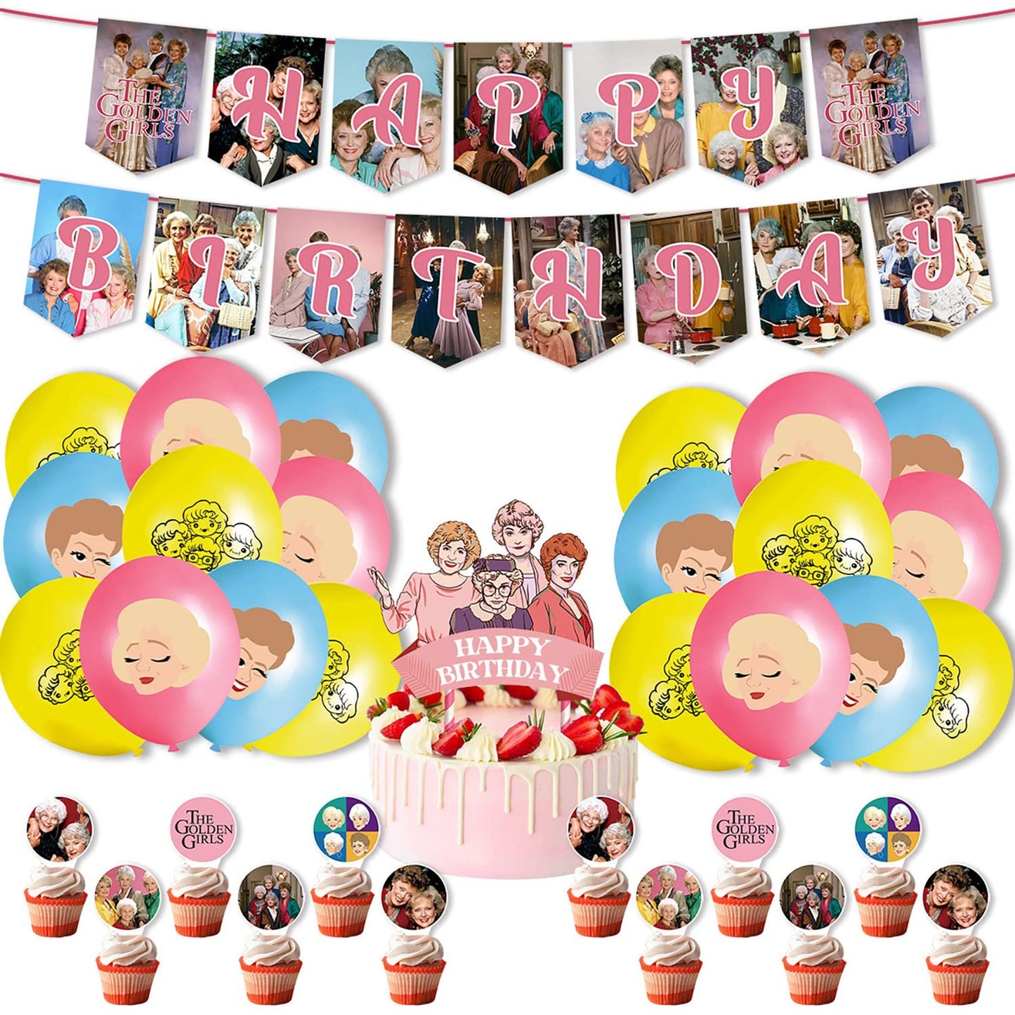 Golden Girls Party Pack - 29 Piece Set with Cupcake Toppers, Balloons, Backdrop & Decorations for Retirement or 90's Theme Parties - Home Decor Must-Have!