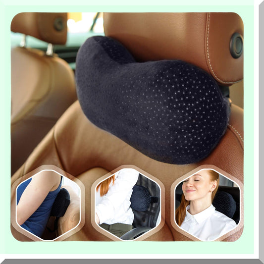 MemoryMax Travel Neck Pillow - Comfortable Memory Foam Headrest with Portable Bag, Machine Washable Plush Cover & Extension Strap for Driving & Travel