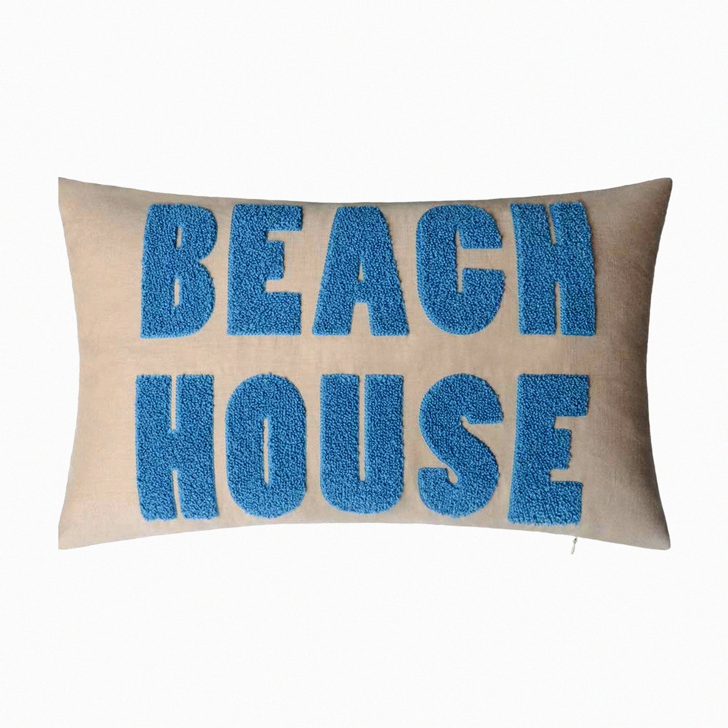 Coastal Retreat Embroidered Letter Accent Pillow Cover - Summer Beach House Decorative Cushion Case for Couch, Bedroom, Living Room - 12x20 Inch Beige Blue Rectangle Pillowcase