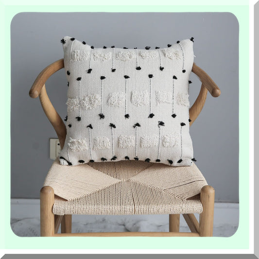 Boho Farmhouse Tufted Throw Pillow Covers - Black Beige Off White Tels Decorative Woven Plush Soft Square Case - Modern Textured Cushion Cover for Couch Sofa Bed - 18x18 Inch