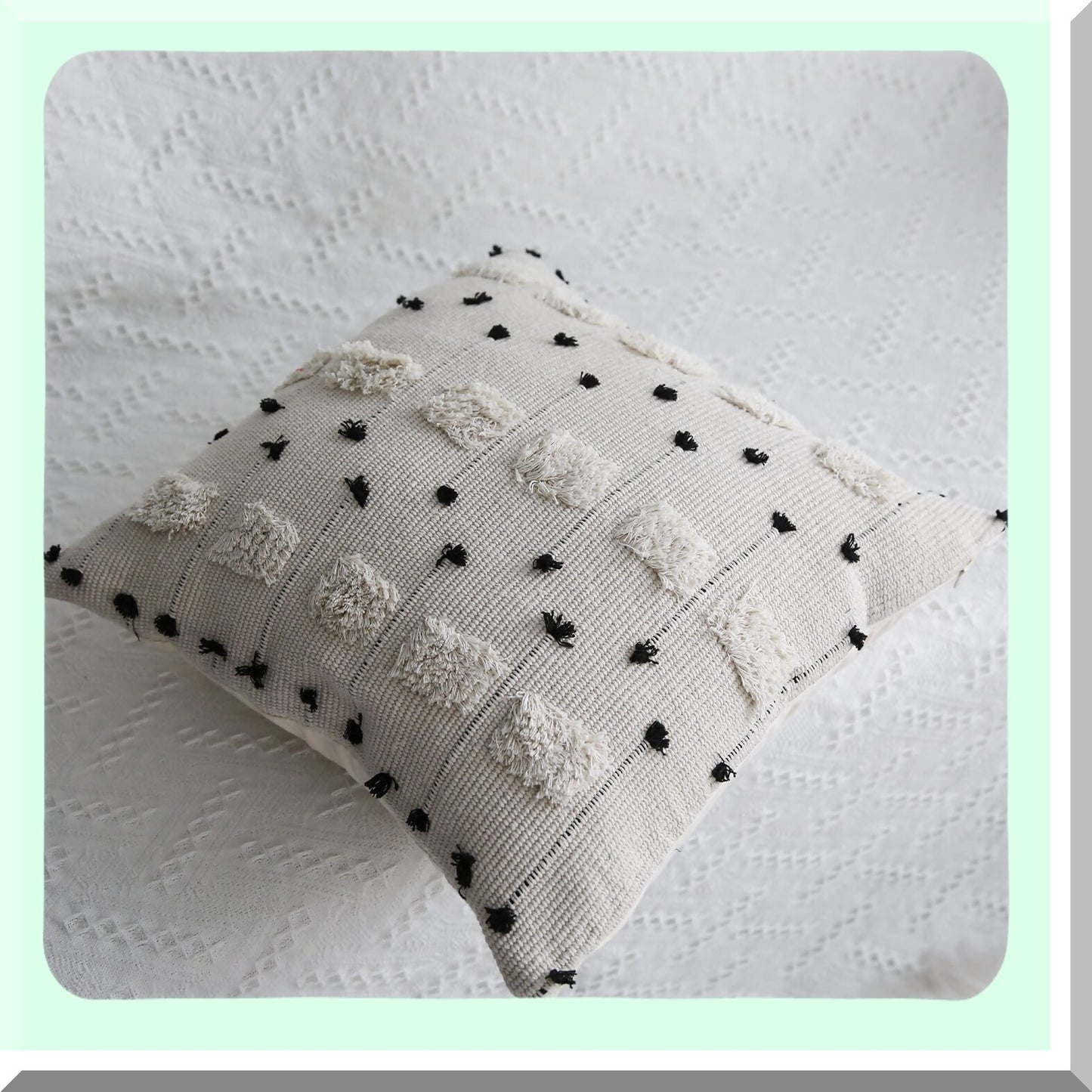 Boho Farmhouse Tufted Throw Pillow Covers - Black Beige Off White Tels Decorative Woven Plush Soft Square Case - Modern Textured Cushion Cover for Couch Sofa Bed - 18x18 Inch