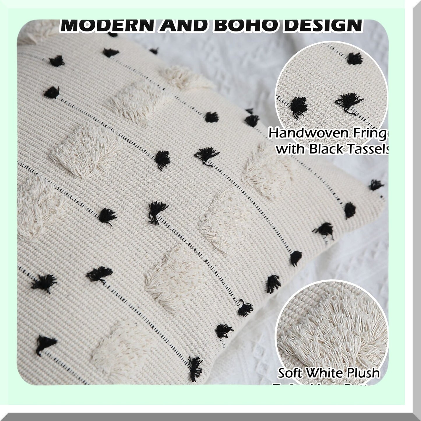 Boho Farmhouse Tufted Throw Pillow Covers - Black Beige Off White Tels Decorative Woven Plush Soft Square Case - Modern Textured Cushion Cover for Couch Sofa Bed - 18x18 Inch