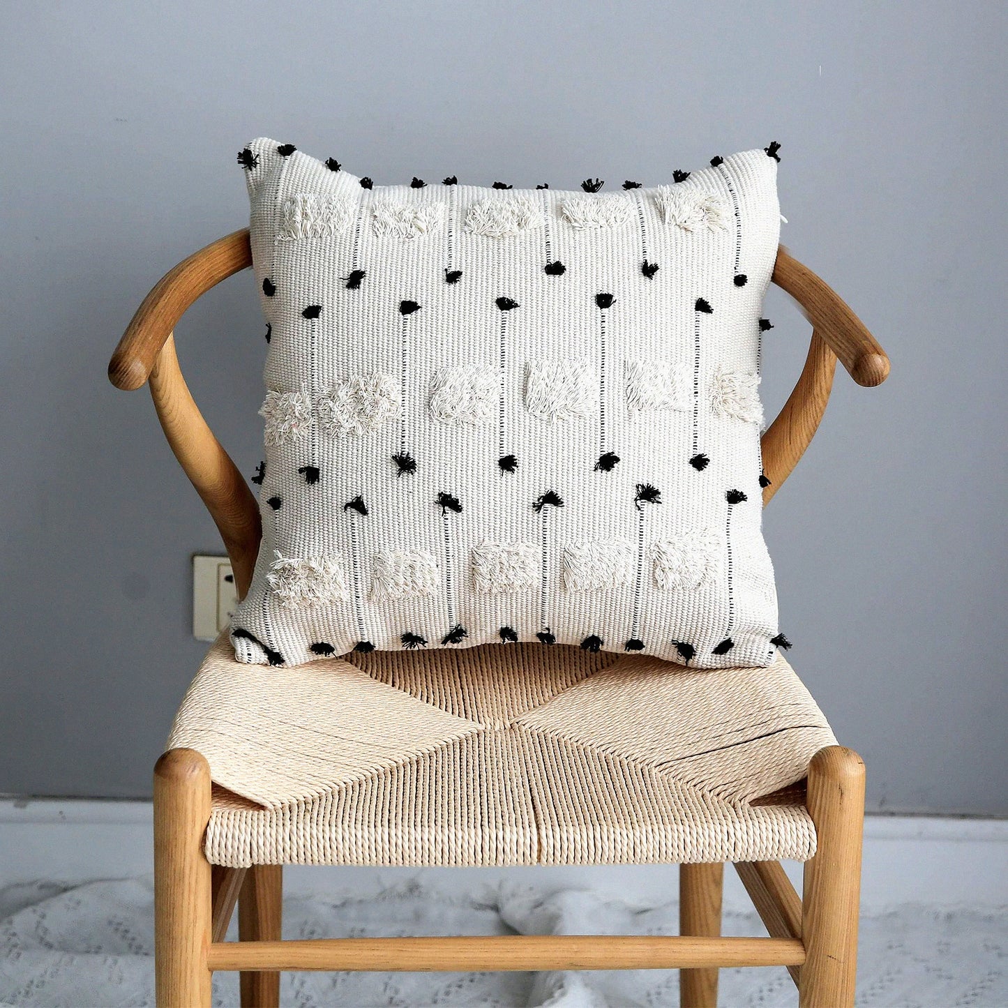 Boho Farmhouse Tufted Throw Pillow Covers - Black Beige Off White Tels Decorative Woven Plush Soft Square Case - Modern Textured Cushion Cover for Couch Sofa Bed - 18x18 Inch