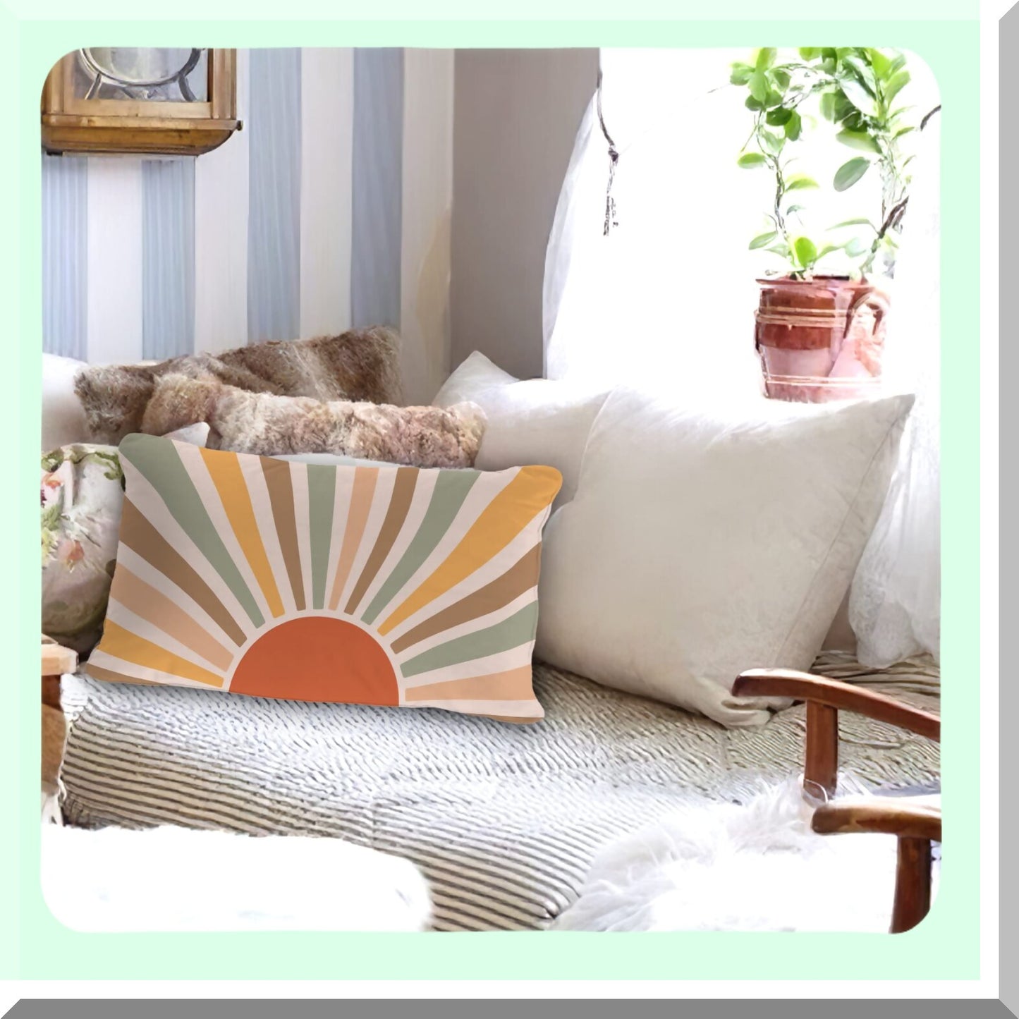 Sunrise Boho Abstract Throw Pillow Cover - Retro Sunset Decor for Girls Bedroom, Soft Pillow Case 12x20 Inch - Sunshine Room Decoration