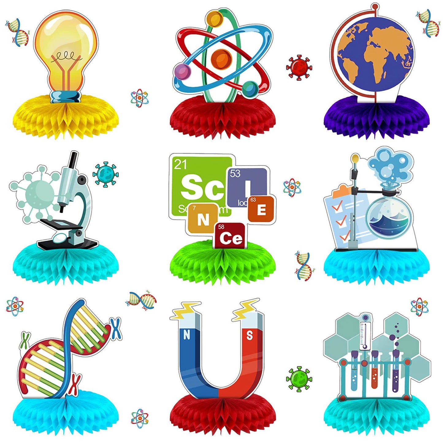 Science Lab Table Toppers - 9 Piece Chemistry Party Decorations Set - 3D Honeycomb Centerpieces for Science Theme Party - School Lab Decorations Kit