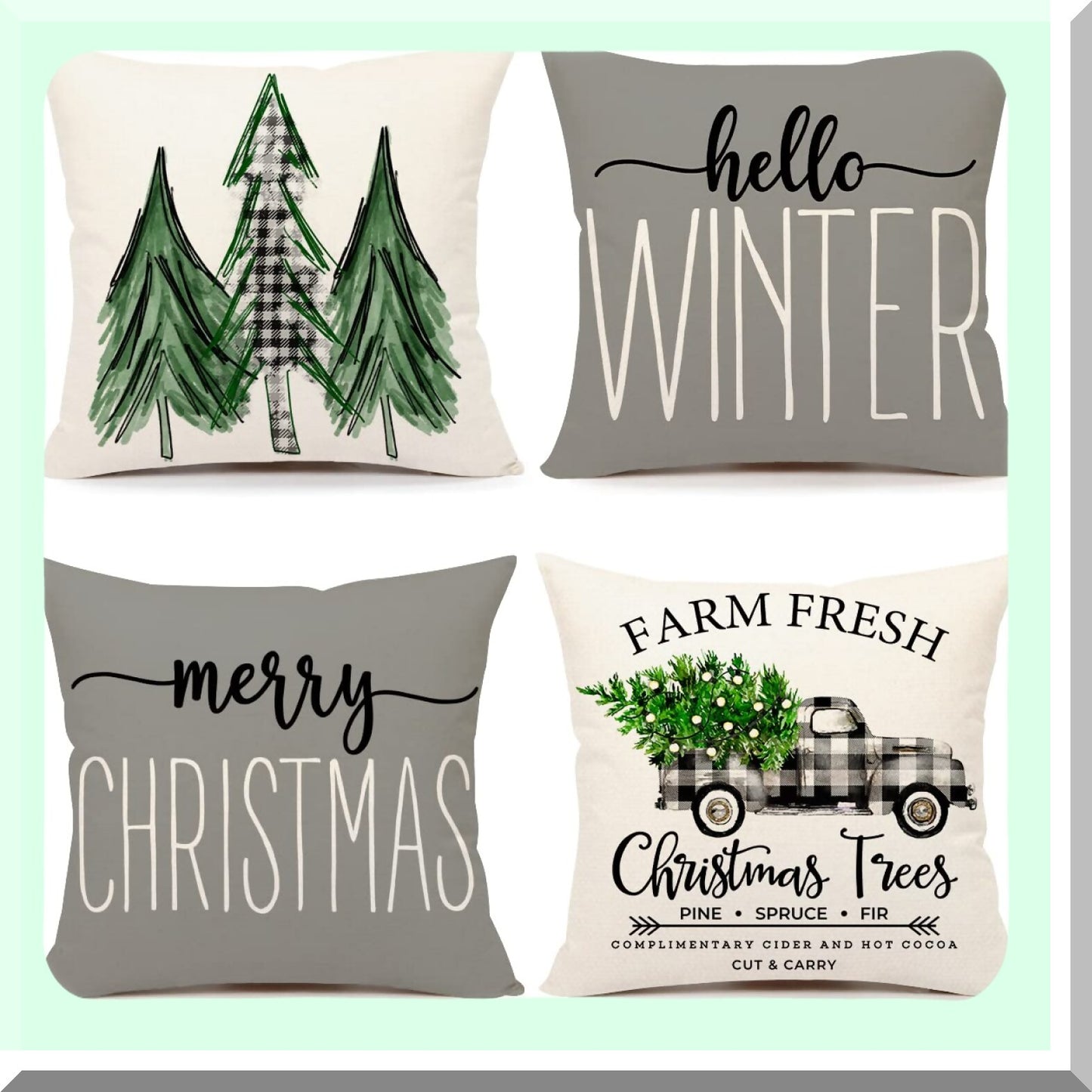 Winter Farmhouse Pillow Covers Set - Merry Tree Truck Decorations - Gray 18x18 Throw Cushion Case - Holiday Home Couch Decor - S22C19