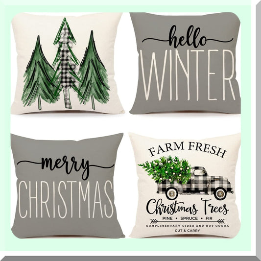 Winter Farmhouse Pillow Covers Set - Merry Tree Truck Decorations - Gray 18x18 Throw Cushion Case - Holiday Home Couch Decor - S22C19